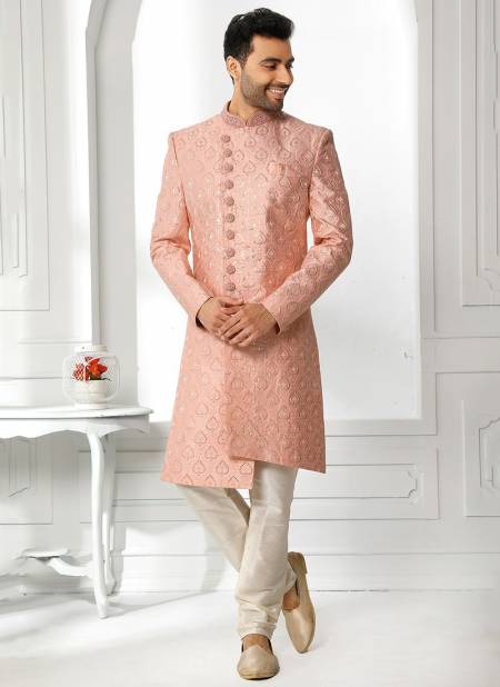 Peach And White Colour Designer Wedding Wear Art Silk Sherwani Collection 1765